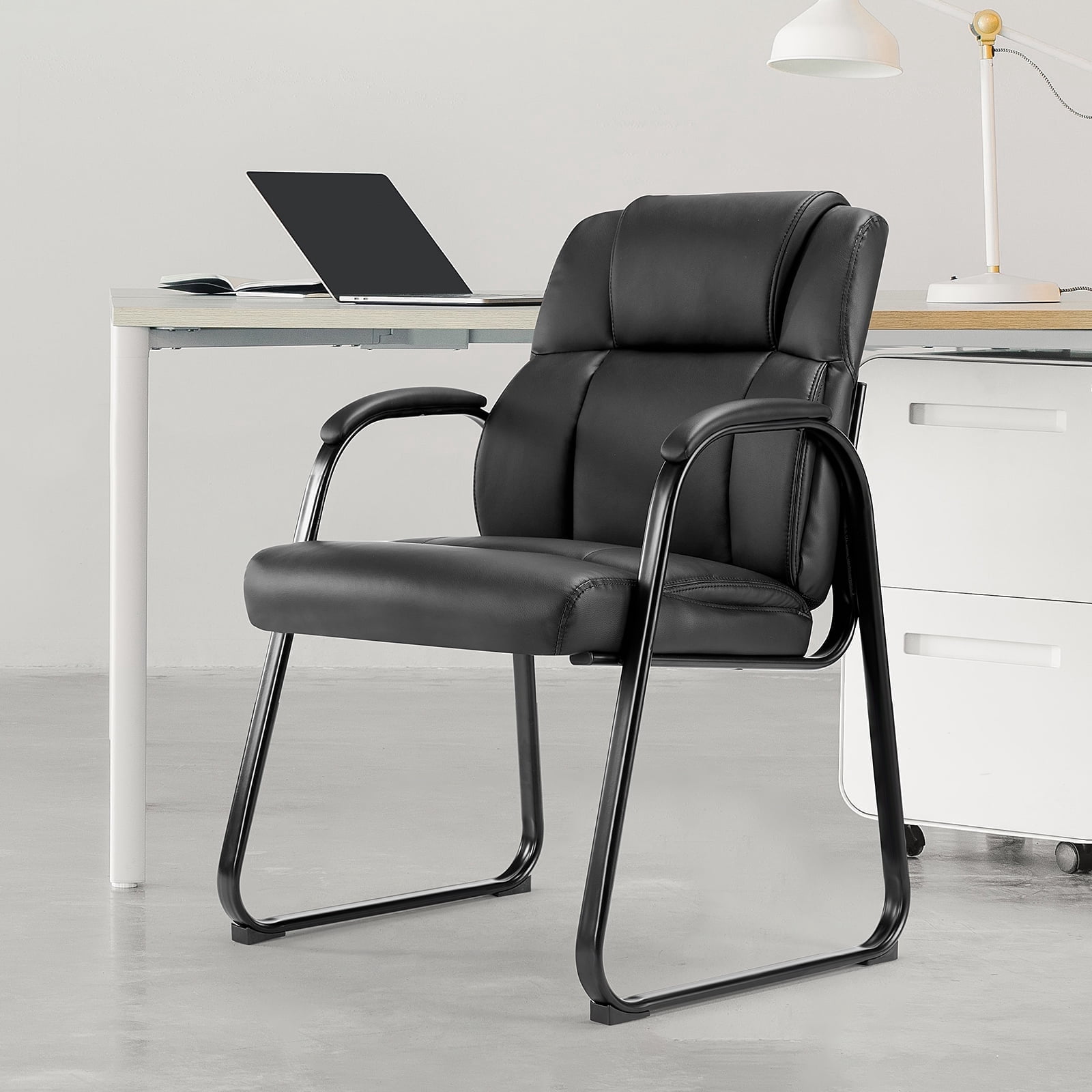 EDX Waiting Room Chairs, Leather Reception Chair with Soft Armrests, Elderly Chair, Fixed Guest Chair, Suitable for Office, Home, and Bedroom, Black