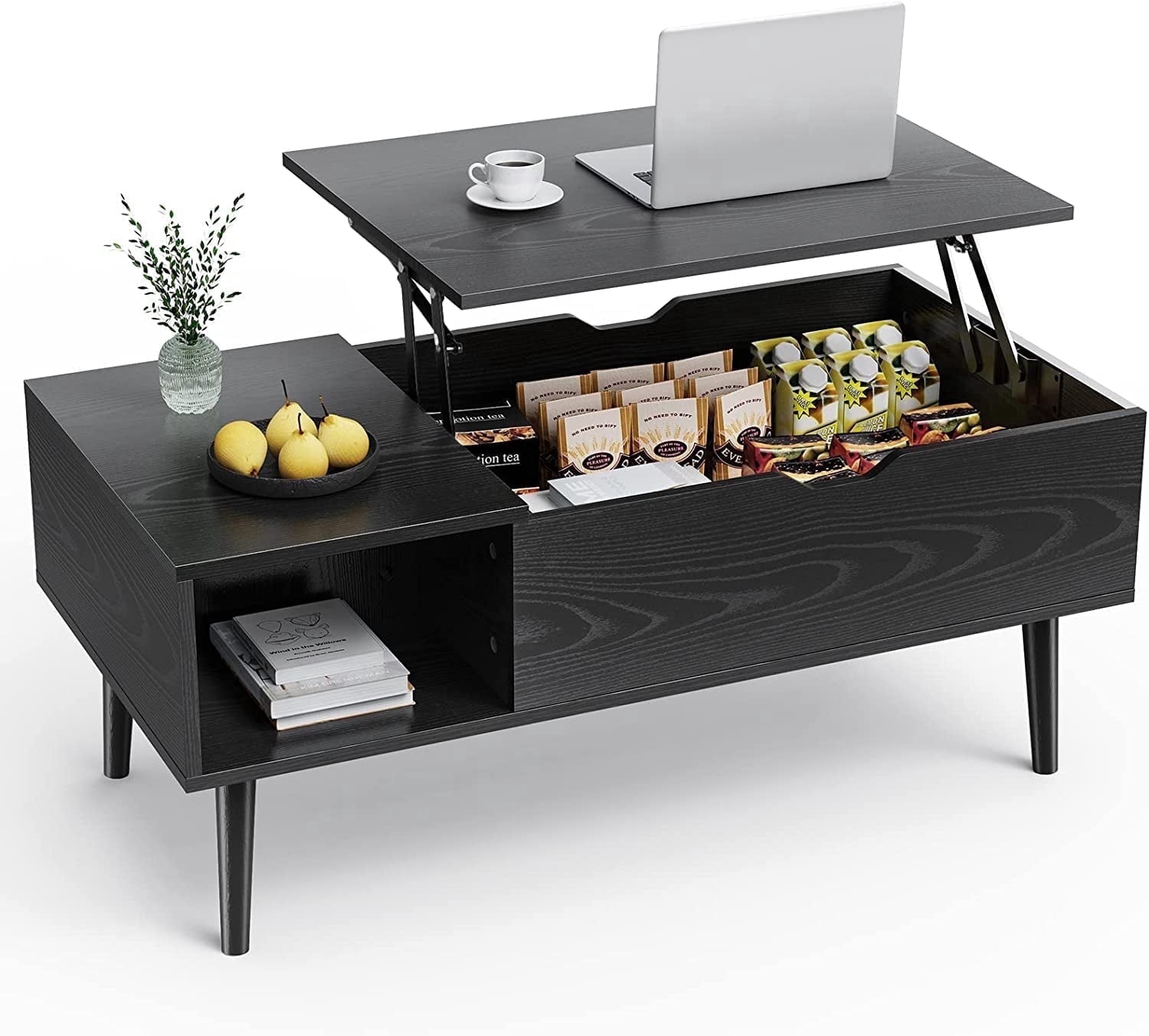 edx Wooden Lift Top Coffee Table with Hidden Compartments and Adjustable Shelves - Ideal for Small Homes, Apartments, Reception Rooms, Black Grain