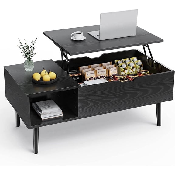 edx Wooden Lift Top Coffee Table with Hidden Compartments and Adjustable Shelves - Ideal for Small Homes, Apartments, Reception Rooms, Black Grain