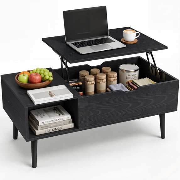edx Wooden Lift Top Coffee Table with Hidden Compartments and Adjustable Shelves - Ideal for Small Homes, Apartments, Reception Rooms, Black Grain