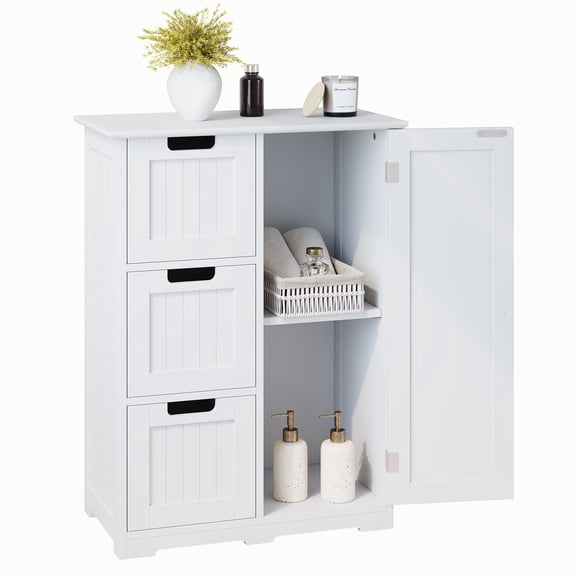 edx Bathroom Floor Cabinet, Wooden Storage Cabinet with 3 Drawers and a Cupboard, Freestanding Cupboard for Bathroom, Living Room, Office, White