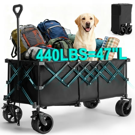 edx 440lbs Folding Wagon Cart with Heavy Duty Steel Frame, Large Capacity Garden Wagon, All-Terrain Wheels for Camping, Sports, beach