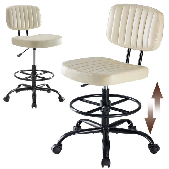 Edx Adjustable Height & Foot Rest Drafting Chairs with Backrest, PU Leather Modern Style with Wheels 360°Swivel for Home Office Bar Kitchen Shop(Beige)