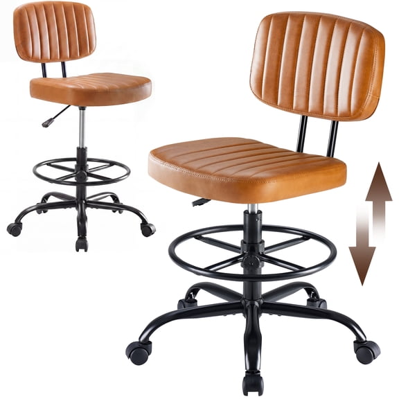 Edx Adjustable Height & Foot Rest Drafting Chairs with Backrest, PU Leather Modern Style with Wheels 360°Swivel for Home Office Bar Kitchen Shop(Brown)