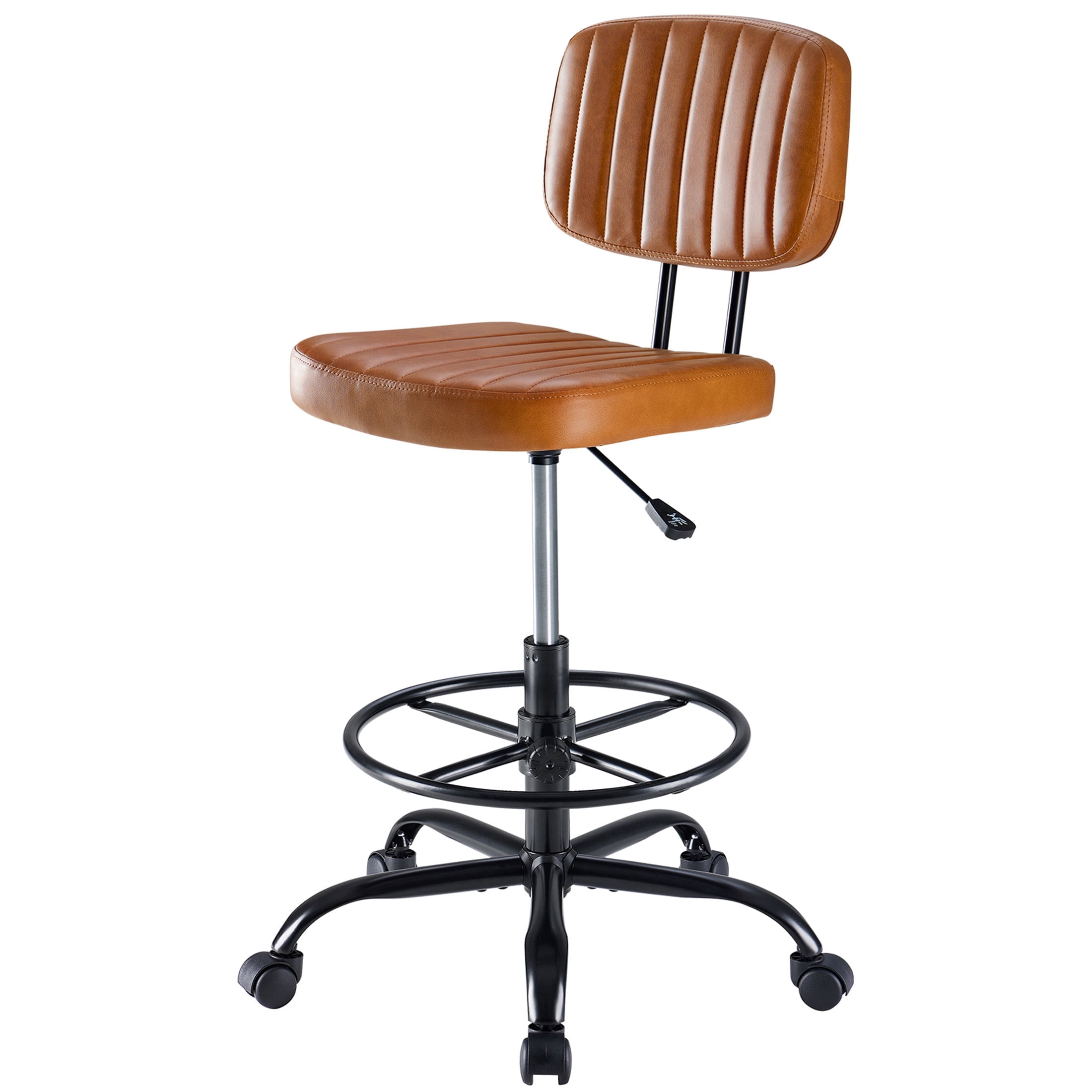 edx Adjustable Height & Foot Rest Office Desk Chairs with Backrest, PU Leather Modern Rolling Stool with Wheels 360°Swivel Task Chair for Home Office Bar Kitchen Shop(Brown)