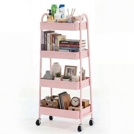 EDX 4-Tier Rolling Cart, 132 lbs Metal Utility Cart Storage Organizer with Lockable Casters, Multi-Functional Mesh Rolling Storage Cart for Kitchen Office, Pink
