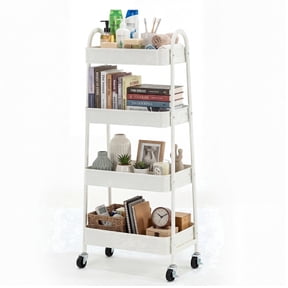 EDX 4-Tier Rolling Cart, 132 lbs Metal Utility Cart Storage Organizer with Lockable Casters, Multi-Functional Mesh Rolling Storage Cart for Kitchen Office, White