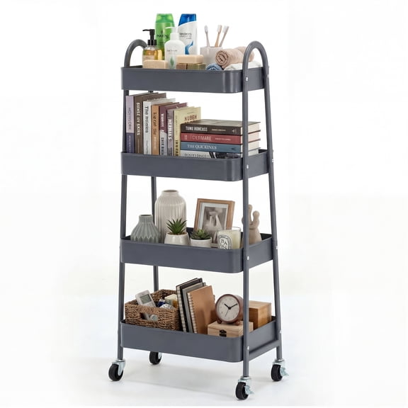 EDX 4-Tier Rolling Cart, 132 lbs Metal Utility Cart Storage Organizer with Lockable Casters, Multi-Functional Mesh Rolling Storage Cart for Kitchen Office, Gray