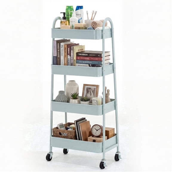 EDX 4-Tier Rolling Cart, 132 lbs Metal Utility Cart Storage Organizer with Lockable Casters, Multi-Functional Mesh Rolling Storage Cart for Kitchen Office, Green