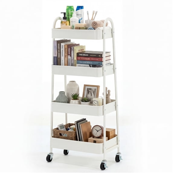 EDX 4-Tier Rolling Cart, 132 lbs Metal Utility Cart Storage Organizer with Lockable Casters, Multi-Functional Mesh Rolling Storage Cart for Kitchen Office, White