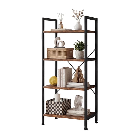 EDX Bookcase, 4 Tier Book Shelf, Storage Shelf, Classic Modern Bookcase for CDs, Movies, Books, Industrial Bookcase for Home Office, Living Room, Kitchen, Bedroom, Rust Brown