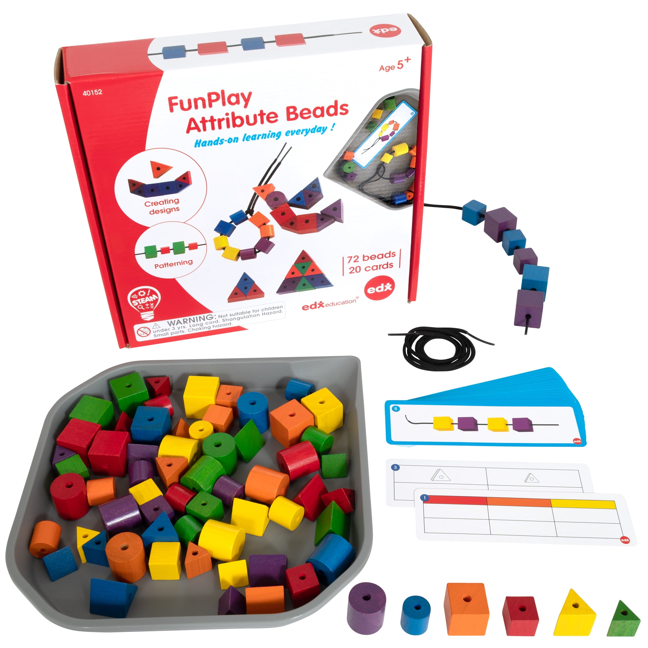 edxeducation FunPlay Attribute Beads - 72 Wooden Lacing Beads + 2 Laces + 40 Activities + Messy Tray