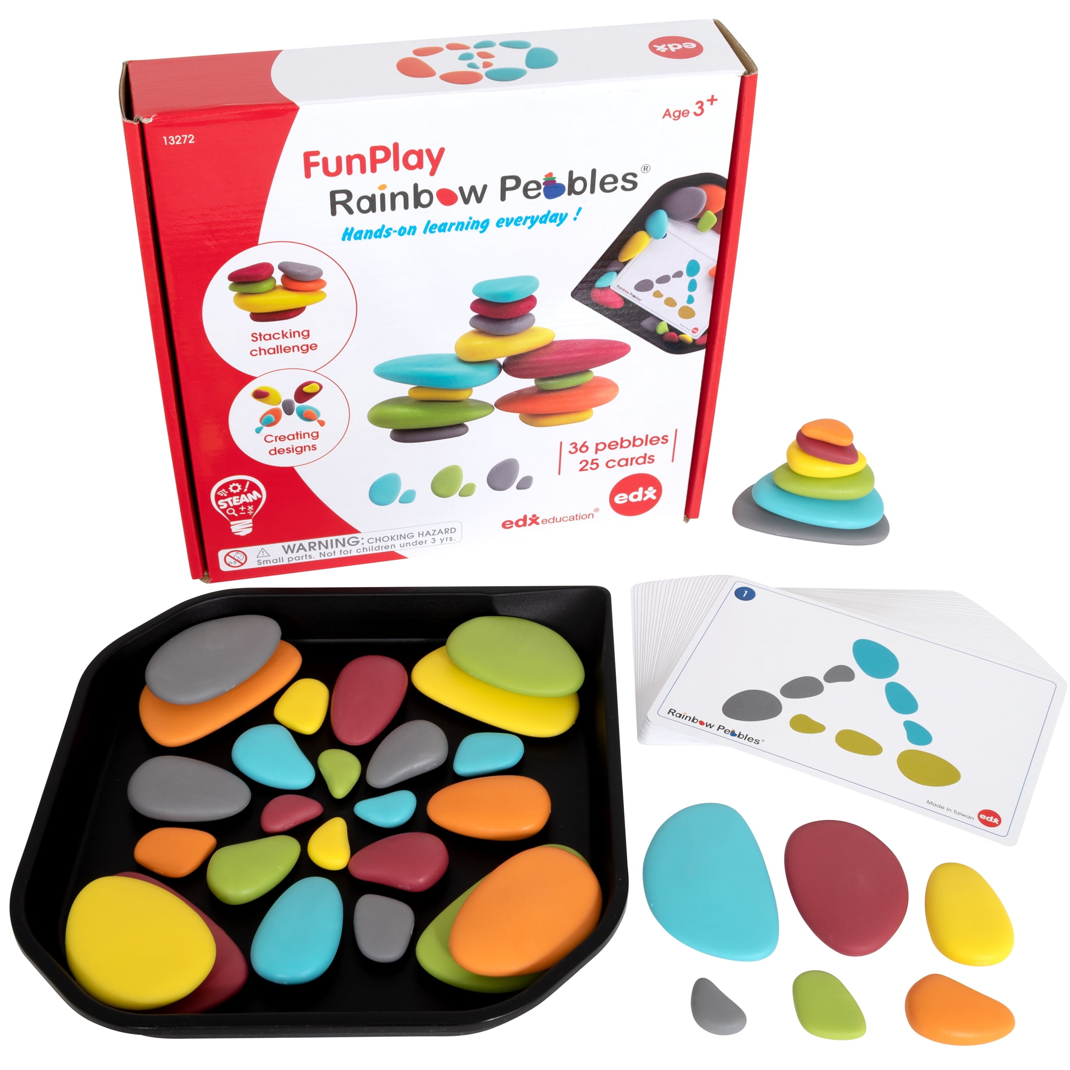 Edx Education Rainbow Pebbles FunPlay Activity Set - 36 Sorting and Stacking Toys + 50 Activities + Messy Tray