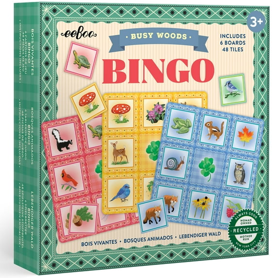 eeBoo: Bingo: Busy Woods - Animal & Nature Themed, Classic Family Matching Game, 6 Game Boards, Illustrated Tiles, Preschool, Kids Age 3+, 1-6 Players