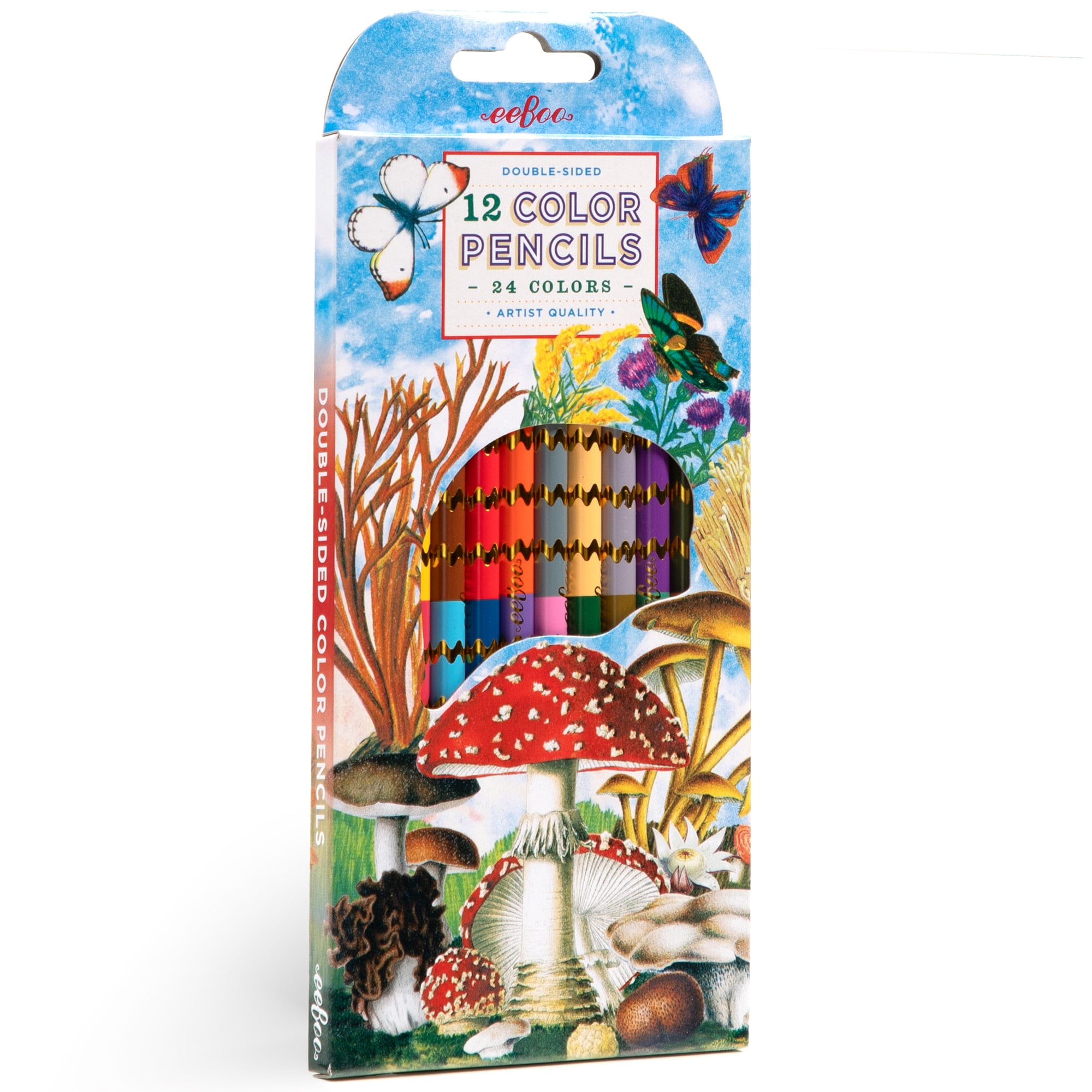 eeBoo: Double-Sided Color Pencils – Mushroom - 12pc Set, 24 Vibrant Metallic & Fluorescent Shades, Silver Foil Barrels, Kids Art & Drawing Supplies