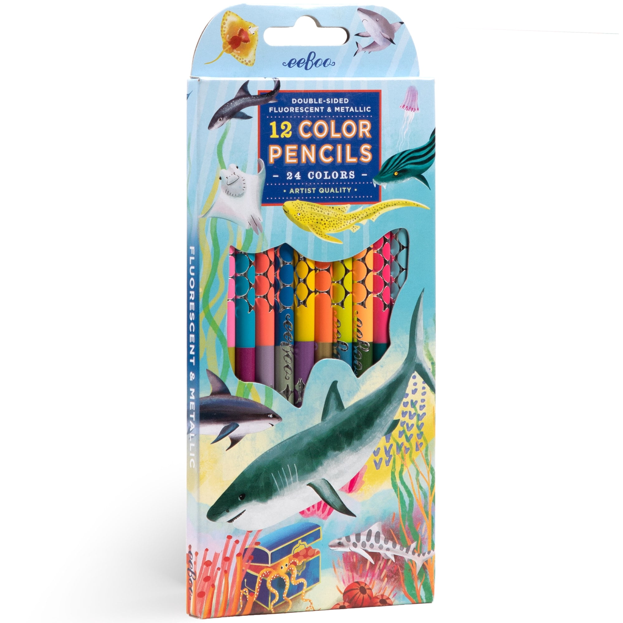 eeBoo: Double-Sided Colored Pencils - Shark – 12pc Set, 24 Vibrant Metallic & Fluorescent Shades, Silver Foil Barrels, Kids Art & Drawing Supplies