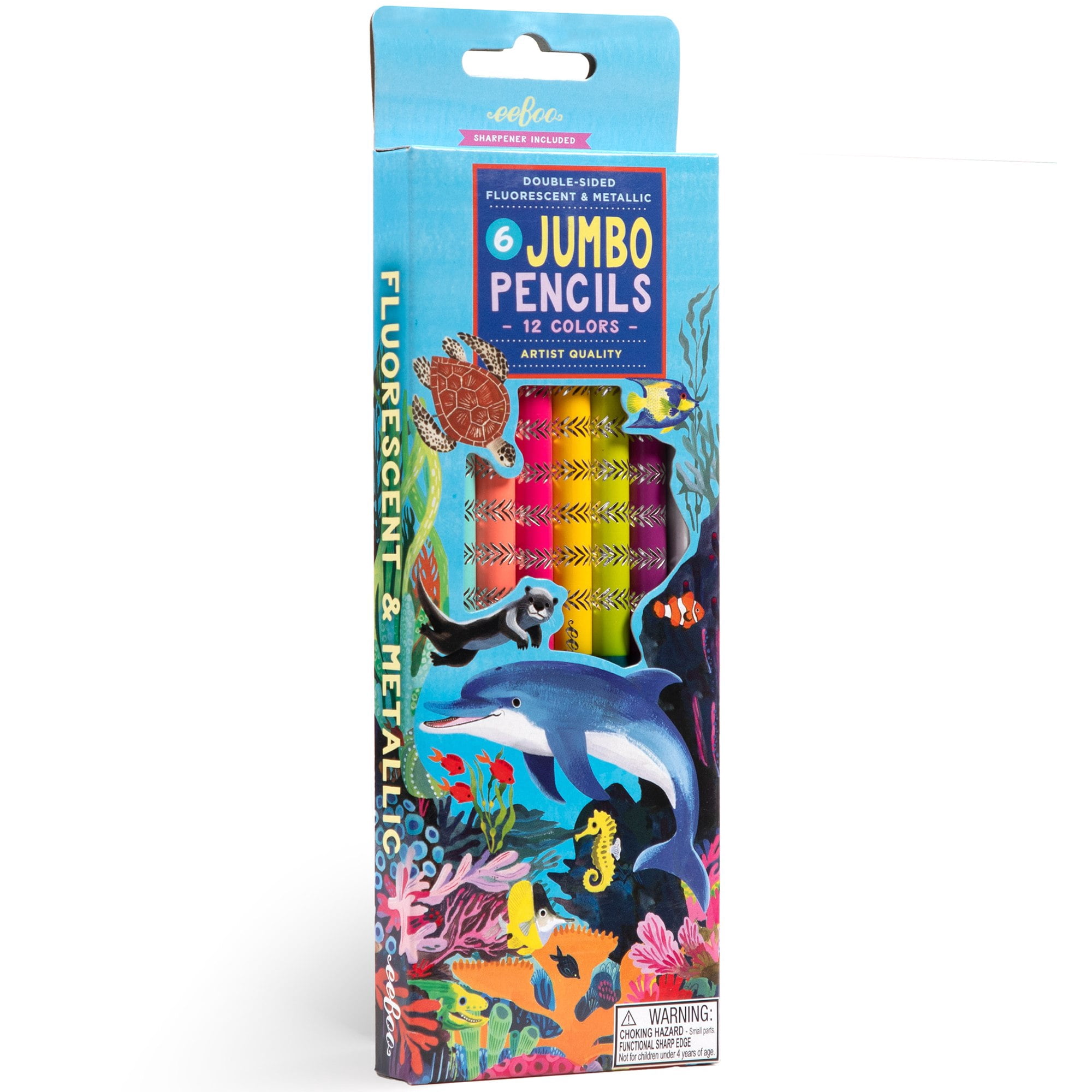 eeBoo: Double-Sided Jumbo Colored Pencils – Sea Life - 6pc Set, 12 Metallic & Fluorescent Colors, Sharpener, Chunky Foil Barrel, Kids Art Supplies