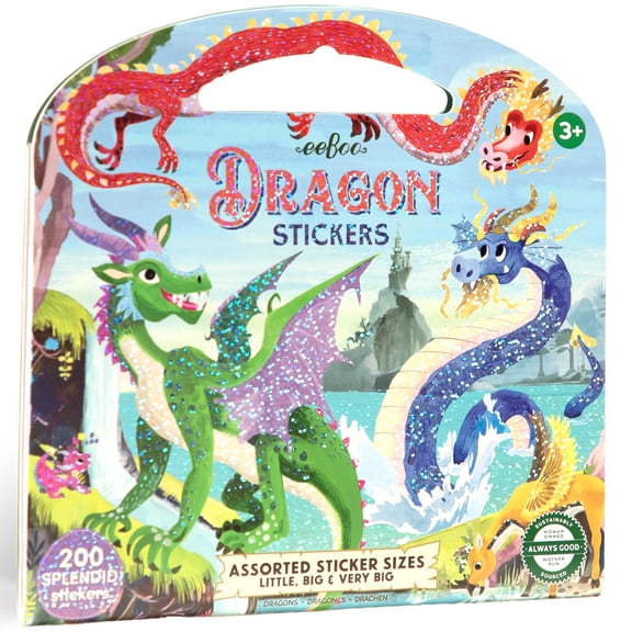 eeBoo: Dragon Shiny Sticker Book - 200+ Sparkling Fantasy Stickers, 3 Sizes: Little-Big-Very Big, Carry Handle, Various Mythical Versions, Kids 3+