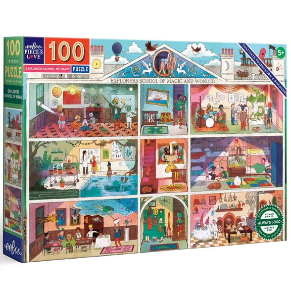 eeBoo: Explorers School of Magic - 100 Piece Puzzle 24x16" Fantasy Jigsaw, Enchanting Wizard Room Scenes, Oversized Pieces, Skill Building, Kids 5+