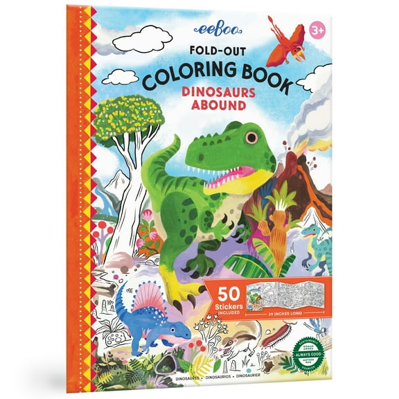 eeBoo: Fold Out Coloring Book - Dinosaurs Abound - w/ 50 Shiny Stickers, Folds-Out For 39" of Coloring, Landscape & Dinos, Art Activity, Kids Ages 3+