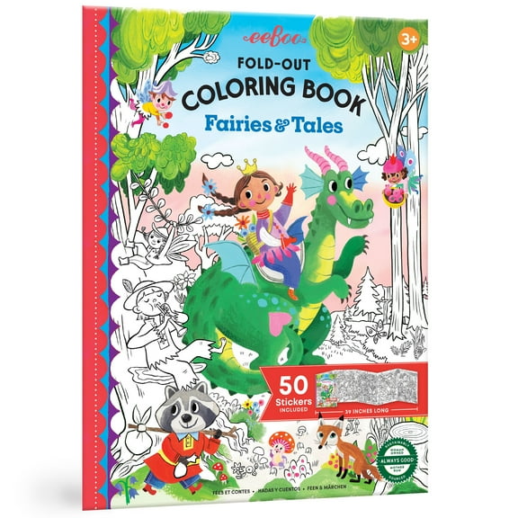 eeBoo: Fold Out Coloring Book - Fairies & Tales - w/ 50 Full-Color Shiny Stickers, Fold-Out For 39" of Magical Coloring, Art Activity, Kids Ages 3+
