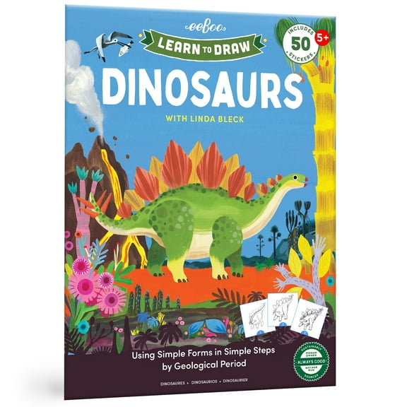 eeBoo: Learn to Draw - Dinosaurs - Drawing Guidebook, 50+ Stickers, Themed Step-By-Step Lessons, Simple Forms In Simple Steps, Kids Ages 5+