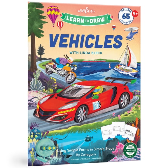 eeBoo: Learn to Draw Vehicles - Step-by-Step Drawing Activity Book, 65 Stickers, Land-Water-Air-Construction, Simple Forms, Skill Building, Kids 5+
