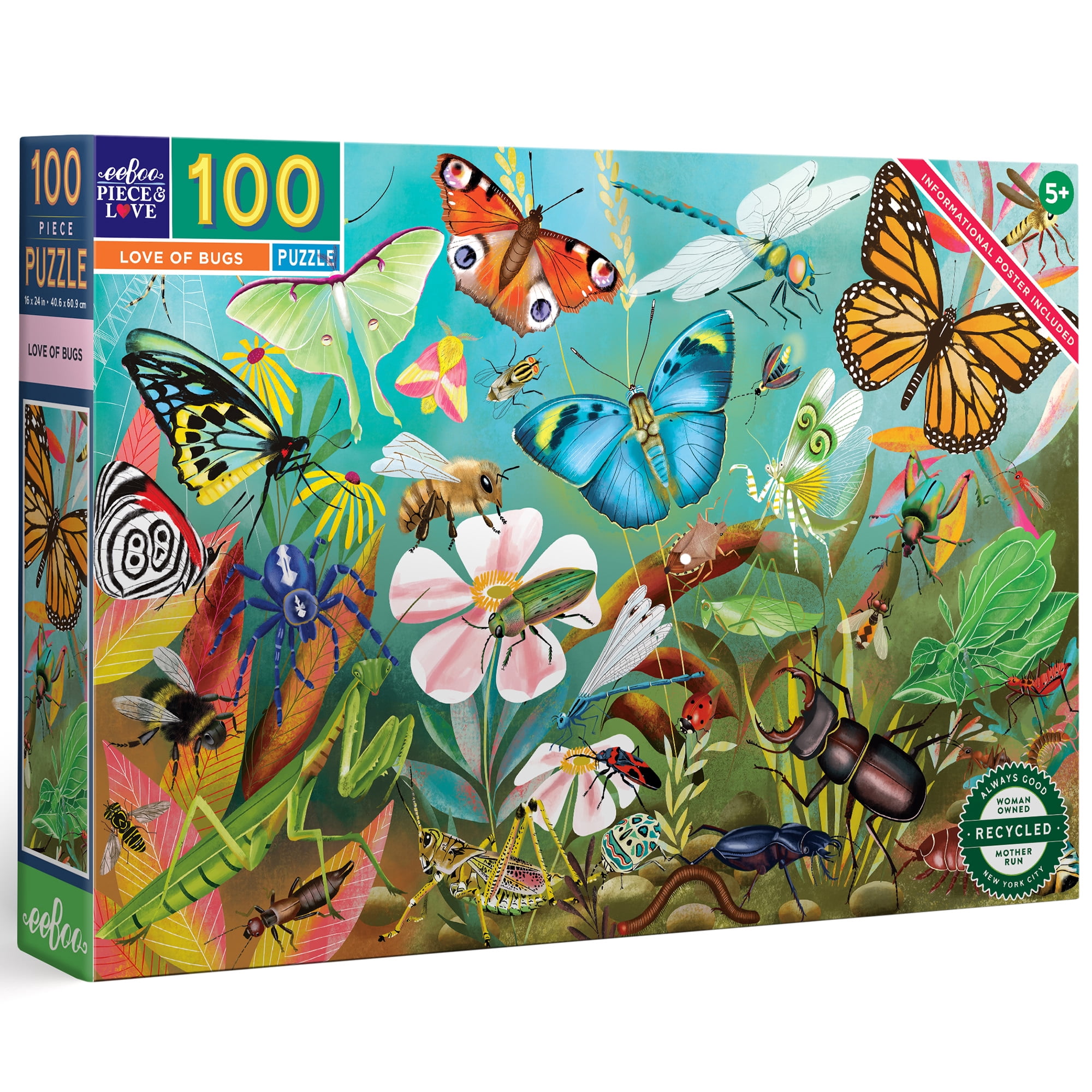 eeBoo: Love Of Bugs - 100 Piece Puzzle - 24 x 16" Kids Jigsaw, Glossy High-Quality Pieces, Children Ages 5+