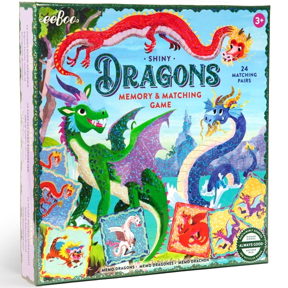 eeBoo: Memory & Matching Game - Shiny Dragons - Classic Concentration Play, Fantasy Creature Foil Art, 24 Tile Pairs, Skill Building, Preschool Kid 3+