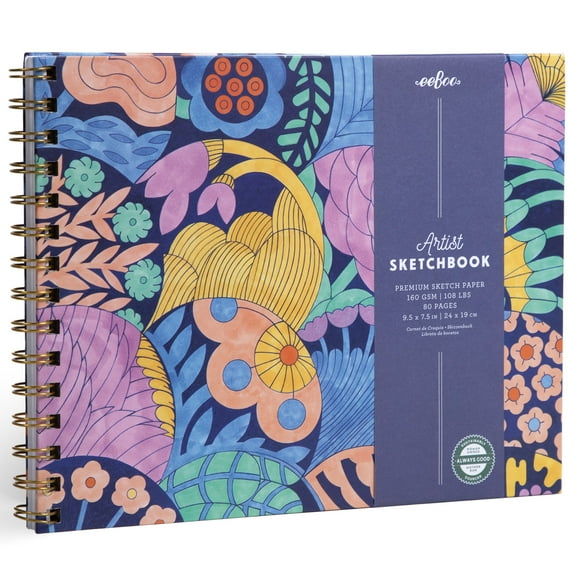 eeBoo Piece & Love: Artist Sketchbook - Cecilia's - 80 Pages, 9.5 x 7.5" Hardcover Spiral Book, 160 GSM, 108 LBS Drawing Paper, Abstract Floral Cover