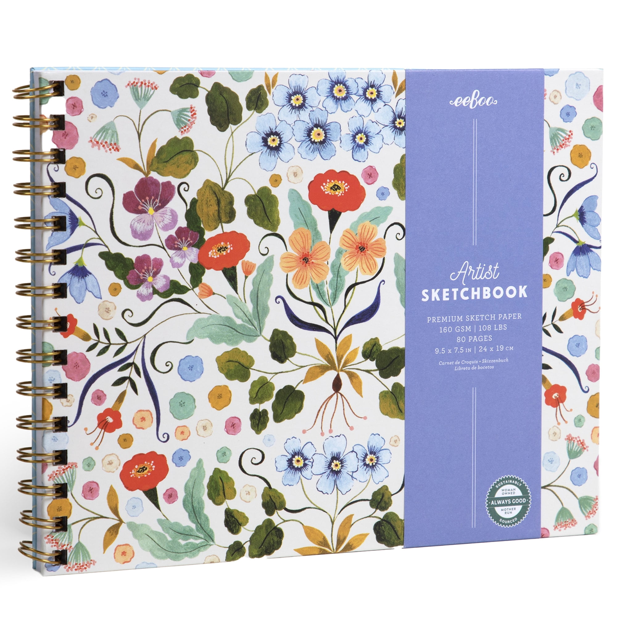 eeBoo Piece & Love: Artist Sketchbook - Flora's - 80 Pages, 9.5 x 7.5" Hardcover Spiral Book, 160 GSM, 108 LBS Drawing Paper, Cream w/ Flowers Cover