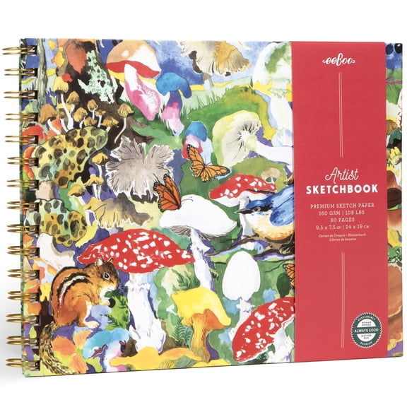 eeBoo Piece & Love: Artist Sketchbook - Mushrooms - 80 Pages, 9.5x7.5" Hardcover Spiral Book, 160 GSM, 108 LBS Drawing Paper, Art by Hazel Jarvis