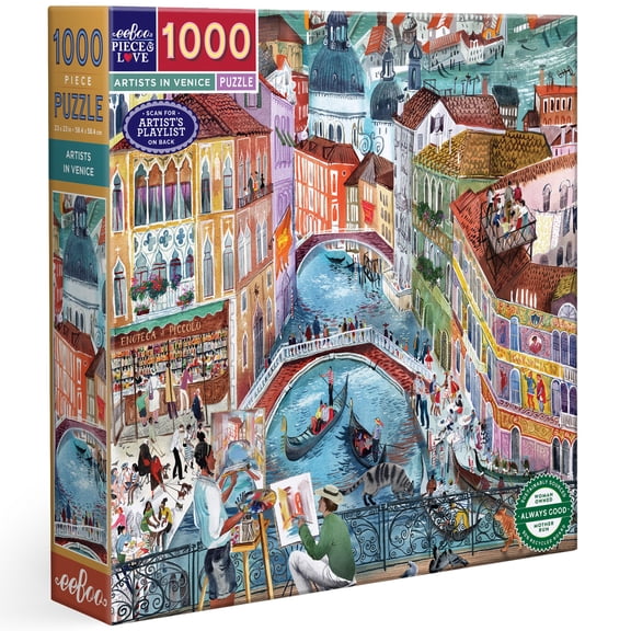 eeBoo Piece & Love: Artists in Venice - 1000 Piece Puzzle 23" Square Adult Jigsaw, Stunning Canal City Culture Scene, Glossy & Dustless, Eco-Friendly