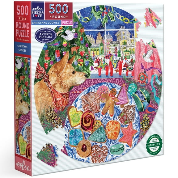 eeBoo Piece & Love: Christmas Cookies - 500 Piece Puzzle - 23" Round Jigsaw, Holiday-Themed Dog & Dessert Scene, Eco-Friendly, Playlist, Adult & Kids