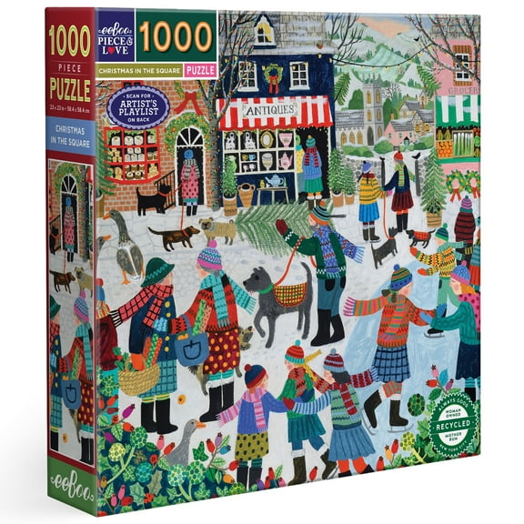 eeBoo Piece & Love: Christmas in the Square - 1000 Piece Puzzle, 23" Square Adult Jigsaw, Cozy Small Town Holiday Winter Scene, Image Reference Insert