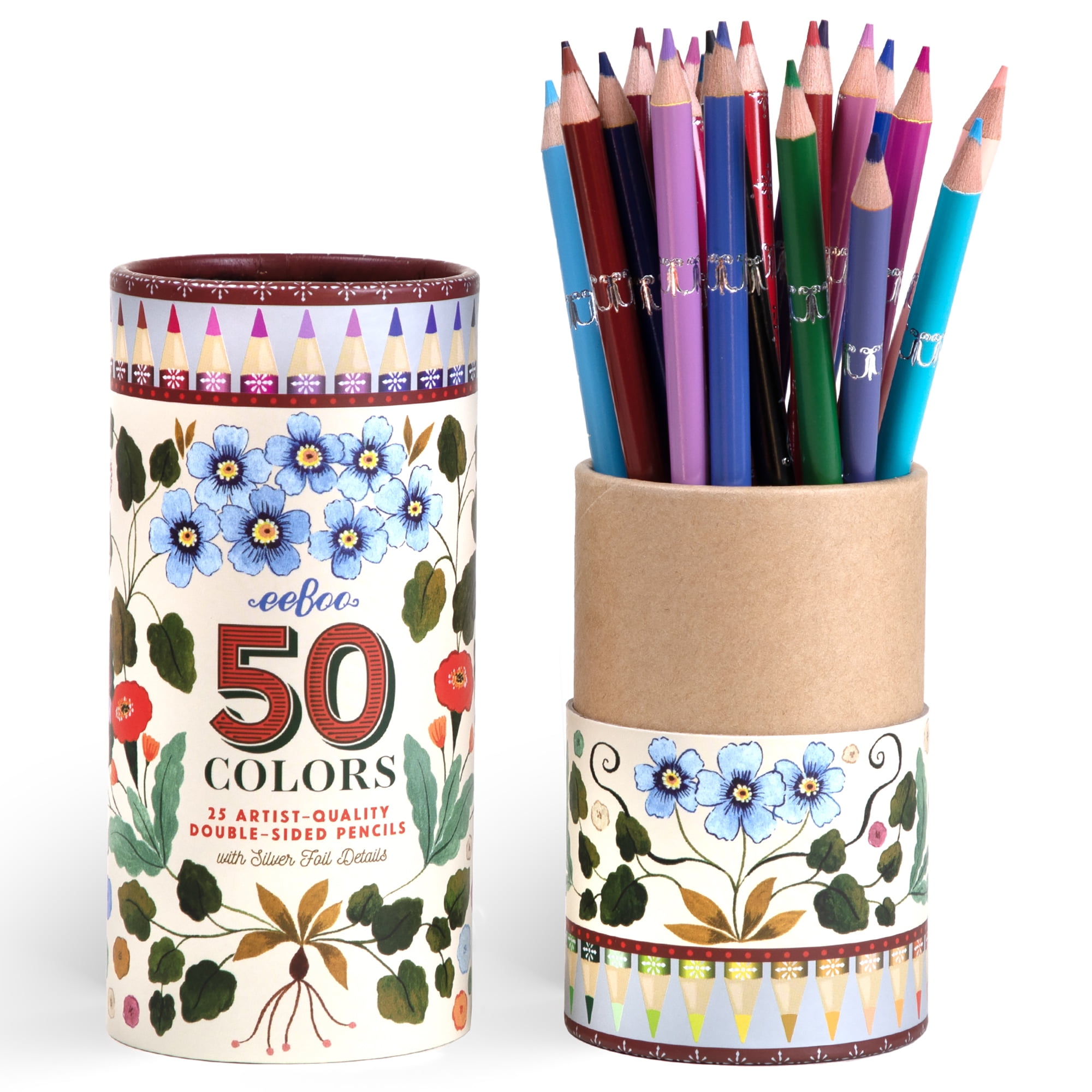 eeBoo Piece & Love: Double-Sided Colored Pencils - Flora's - 25pc - 50 Color Set, Silver Foil Design, Floral Storage Tube, Artist-Quality, Adults
