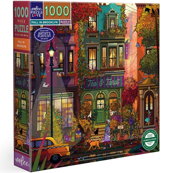 eeBoo Piece & Love: Fall In Brooklyn - 1000 Piece Puzzle - Square Adult Jigsaw, Laura El's Autumn Twilight City Street Scene, Eco-Friendly, Playlist