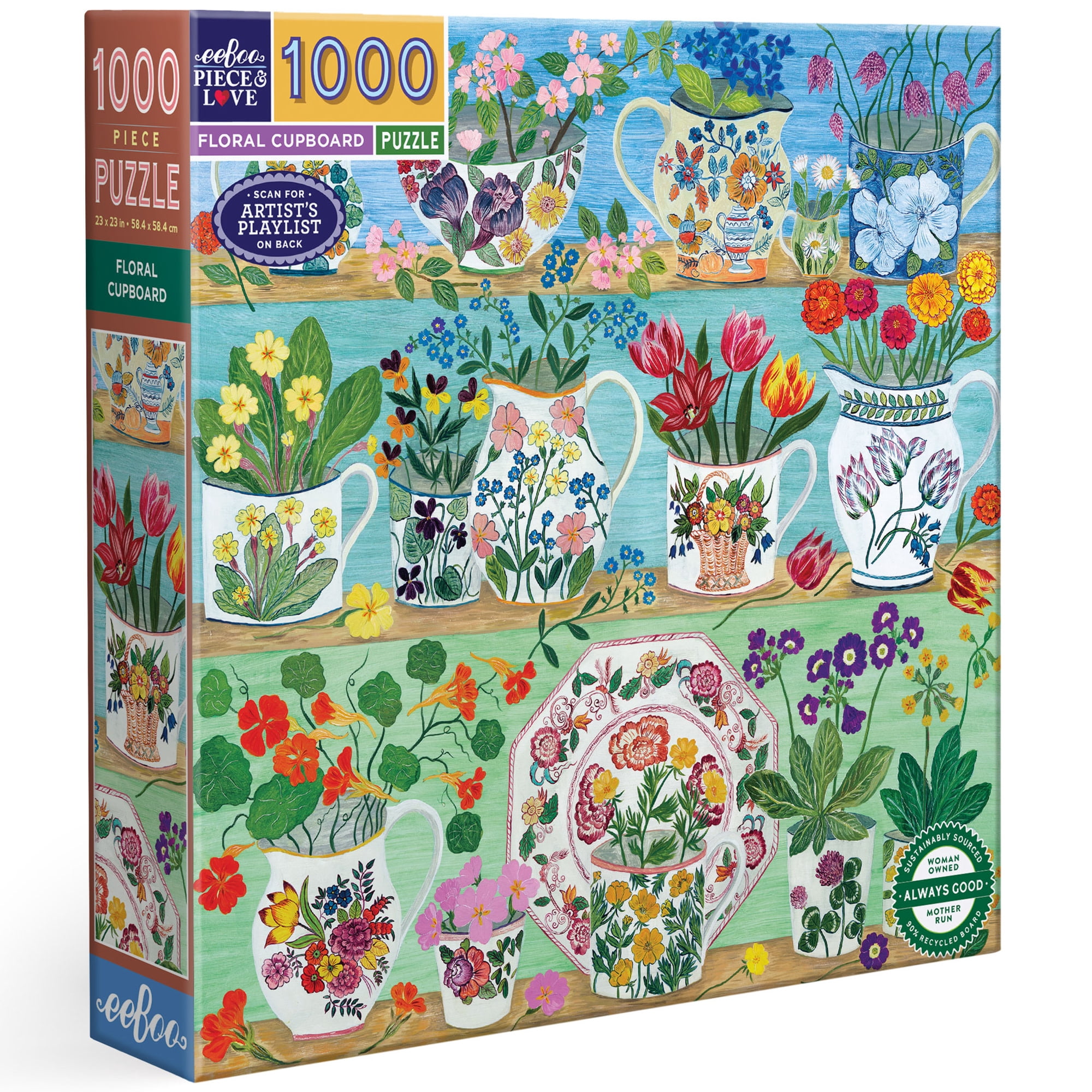 eeBoo Piece & Love: Floral Cupboard - 1000 Piece Puzzle - 23" Square Adult Jigsaw, Debbie George's Georgian China & Bouquet Vase Scene, Eco-Friendly