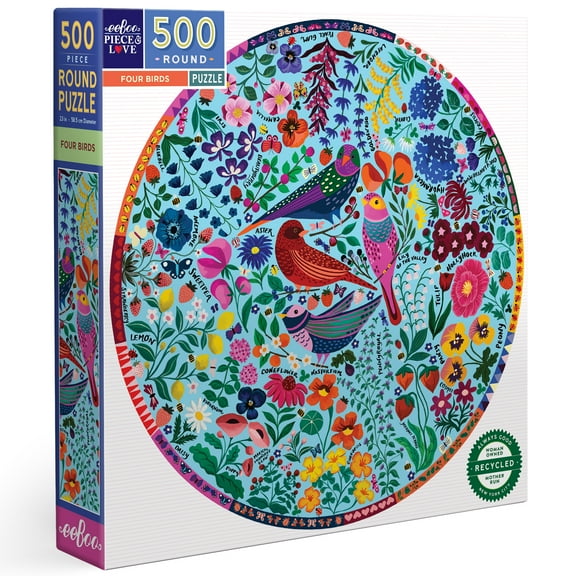 eeBoo Piece & Love: Four Birds - 500 Piece Puzzle - Adult Round Jigsaw, 23" Diameter, Includes Image Reference Insert, Glossy High-Quality Pieces