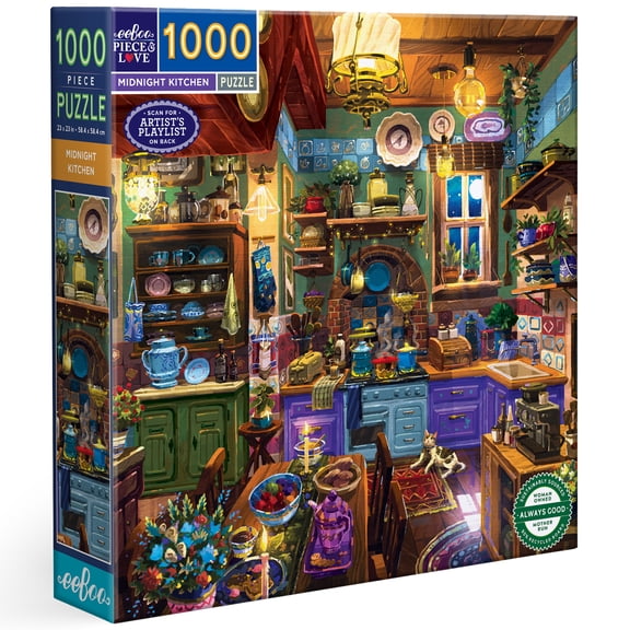eeBoo Piece & Love: Midnight Kitchen - 1000 Piece Puzzle 23" Square Adult Jigsaw, Relaxing Nighttime Home Scene, Glossy & Dustless, Eco-Friendly