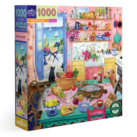 eeBoo Piece & Love: Pink Kitchen - 1000 Piece Puzzle - Adult Square Jigsaw, 23x23", Includes Image Reference Insert, Glossy High-Quality Pieces