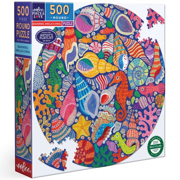 eeBoo Piece & Love: Seahorses, Shells & Coral - 500 Piece Puzzle - Round Jigsaw, Underwater Ocean-Themed Scene, Eco-Friendly, Playlist, Adults & Kids