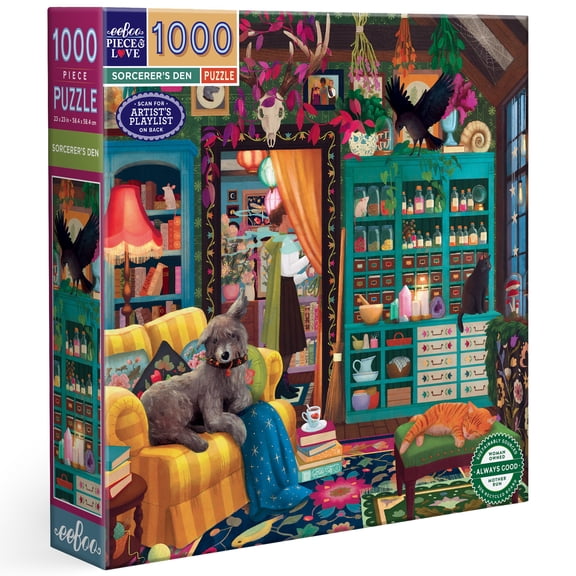eeBoo Piece & Love: Sorcerers Den - 1000 Piece Puzzle  23" Square Adult Jigsaw, Magical & Cozy Clutter Home Scene, Glossy & Dustless, Eco-Friendly