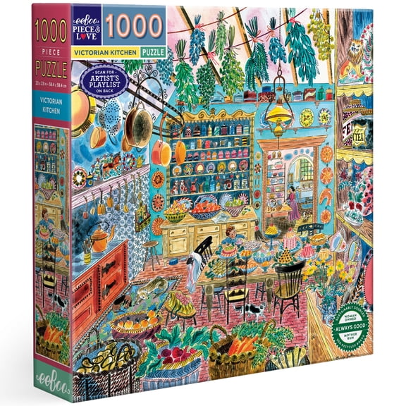 eeBoo Piece & Love: Victorian Kitchen - 1000 Piece Puzzle - 23" Square Adult Jigsaw, Emily Suttons Cozy 19th-Century Baking Scene, Eco-Friendly