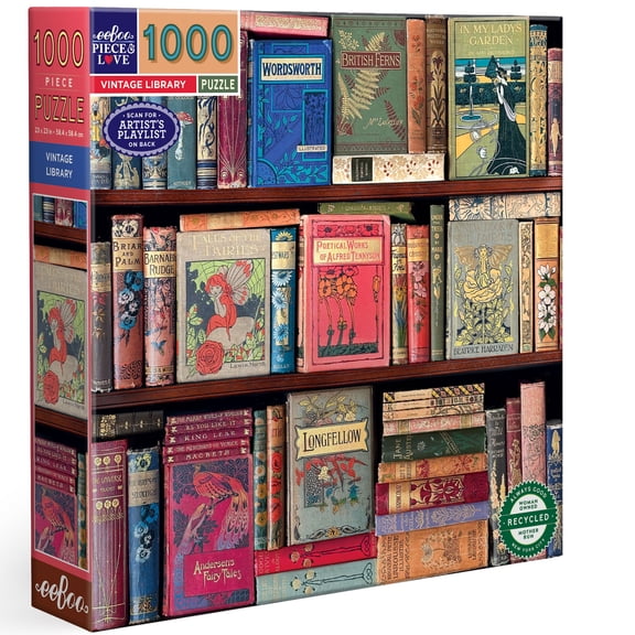 eeBoo Piece & Love: Vintage Library - 1000 Piece Puzzle - Adult Square Jigsaw, 23x23", Includes Image Reference Insert, Glossy High-Quality Pieces