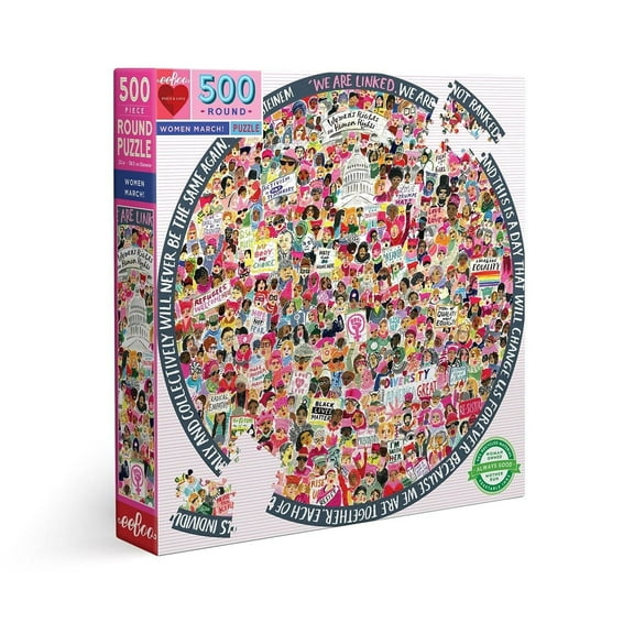eeBoo: Piece and Love Women March! 500 Piece Round Circle Jigsaw Puzzle, Puzzle for Adults and Families, Glossy, Sturdy Pieces and Minimal Puzzle Dust