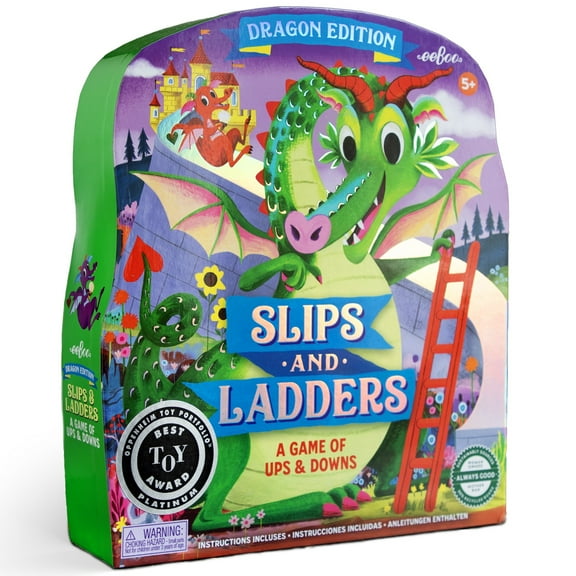 eeBoo: Slips & Ladders - Dragon Edition A Classic Board Game Of Ups & Downs, Whimsical Fantasy Theme, Holographic Foil Accents, Kids 5+, 2-4 Players