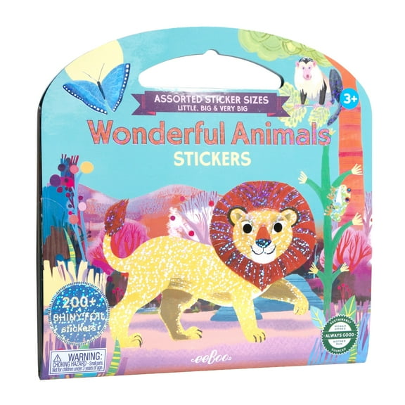 eeBoo: Wonderful Animals Shiny Sticker Book - 200+ Sparkling Stickers in 3 Sizes, Little-Big-Very Big, Carry Handle, Rainbow Foil, Kids Ages 3+