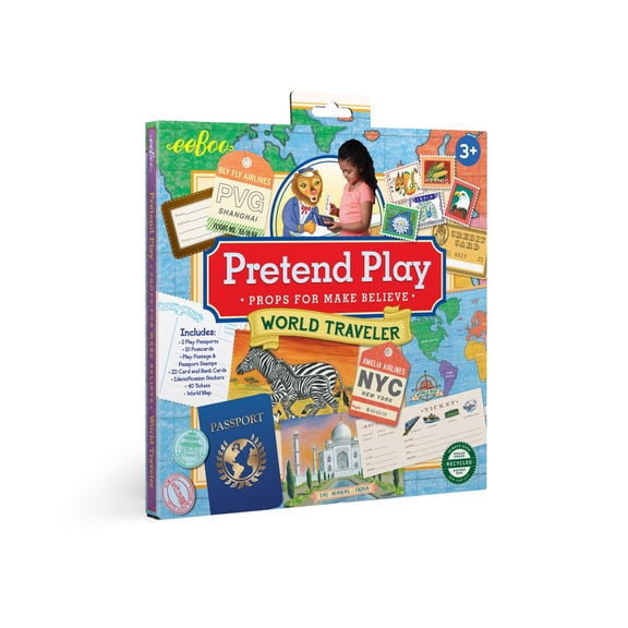 eeBoo  World Traveler Pretend and Role Play Activity Set, Contains all of the Props Needed for Make Believe Travel Play, Ages 3 and Up