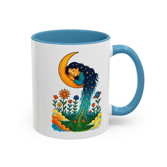 eeping Gir1l on Crescent Moon Mug Dreamy Celestial Coffee Cup with Stars, Flowers, and Plane, WhimsiC1Al Night Sky Art GifT1 Idea